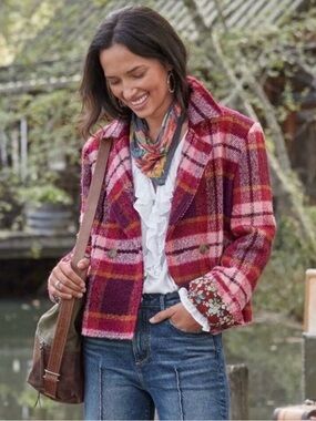 Sundance Pink & Burgundy Plaid Short Blazer Small